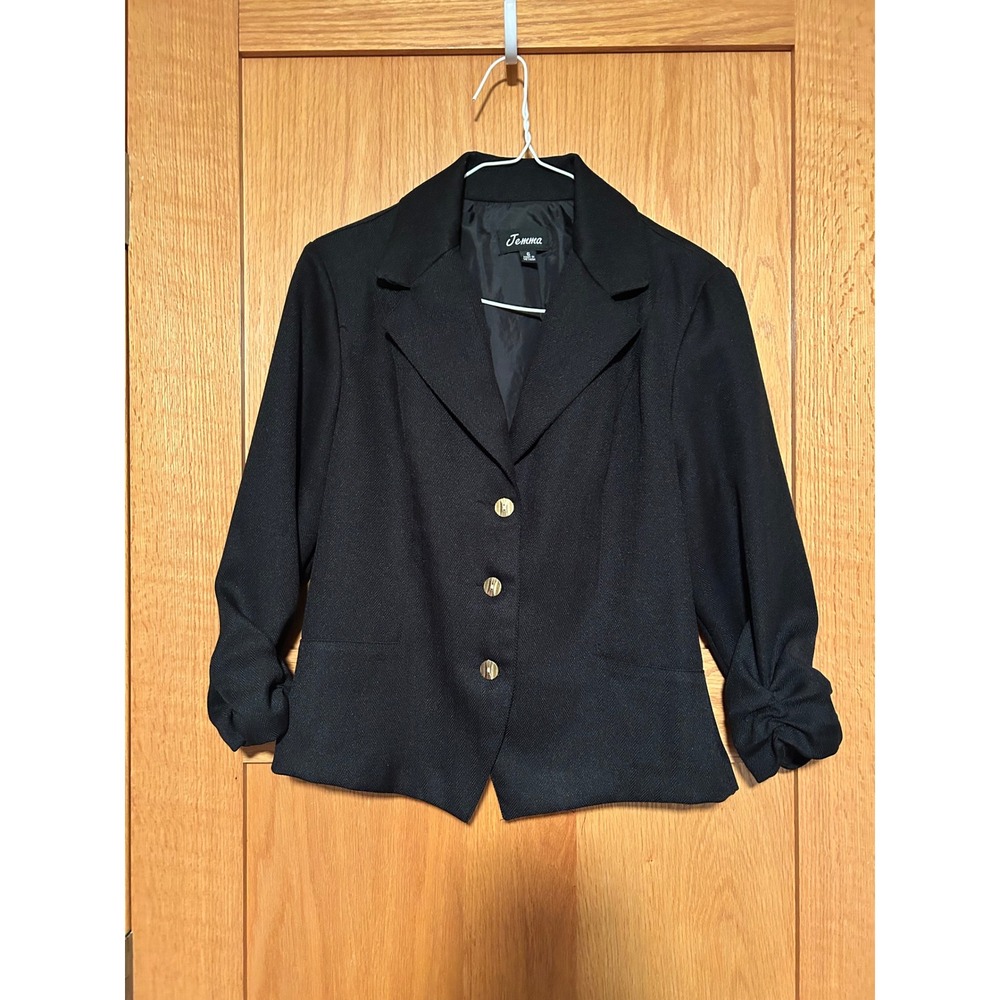 Jemma Women's Black Herringbone Blazer Gold Button Ruched 3/4 Sleeve Jacket Sz 6